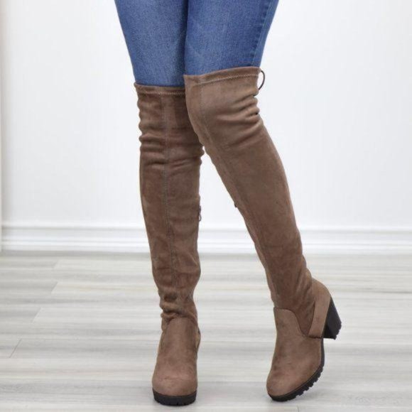 Taupe Thigh High Suede Boots Lug Chunky Heel - Picture 7 of 15